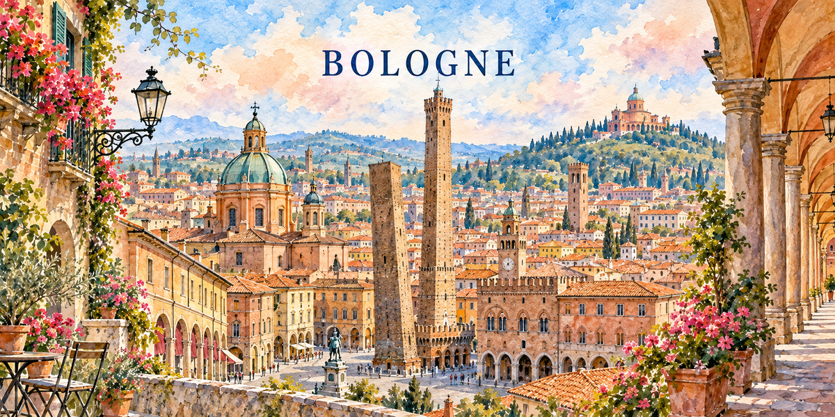 Aquarelle de Bologne vue de dessous un portique : colonnes et voûtes en enfilade, place en contrebas avec statue et palais, les deux tours penchées, toits de tuiles orange, coupole verte et sanctuaire de San Luca sur la colline