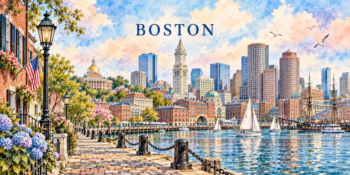 Illustration aquarelle de Boston : la promenade pavée du port et ses hortensias bleus, les voiliers, le trois-mâts à quai, la tour à horloge, la coupole dorée et les gratte-ciel