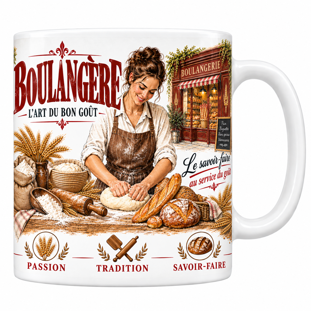 Mug céramique 330 ml « Boulangère, l'art du bon goût » : illustration gravée d'une boulangère pétrissant la pâte devant sa boulangerie