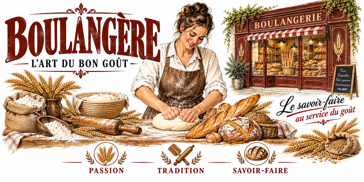 Visuel « Boulangère, le savoir-faire au service du goût » : boulangère au pétrissage, devanture de boulangerie, baguettes, banneton et épis de blé