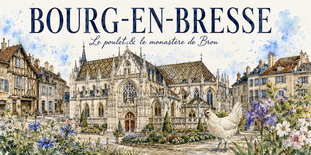 Visuel aquarelle « BOURG-EN-BRESSE — Le poulet & le monastère de Brou » : Brou, colombages et poule