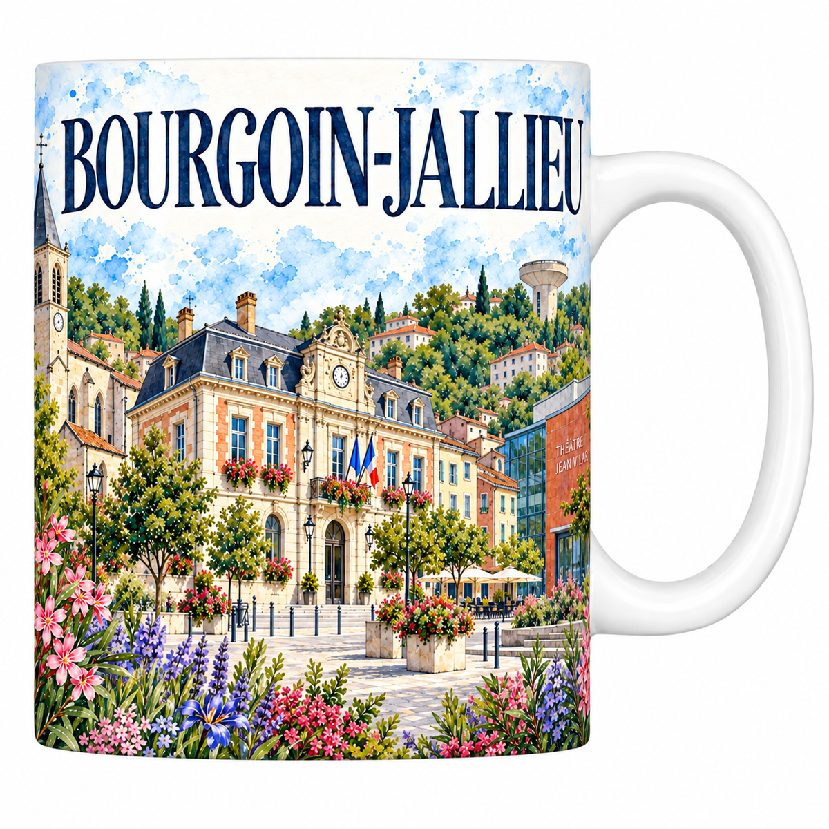 Mug blanc en céramique 330 ml illustré Bourgoin-Jallieu à l'aquarelle : hôtel de ville, clocher et place plantée