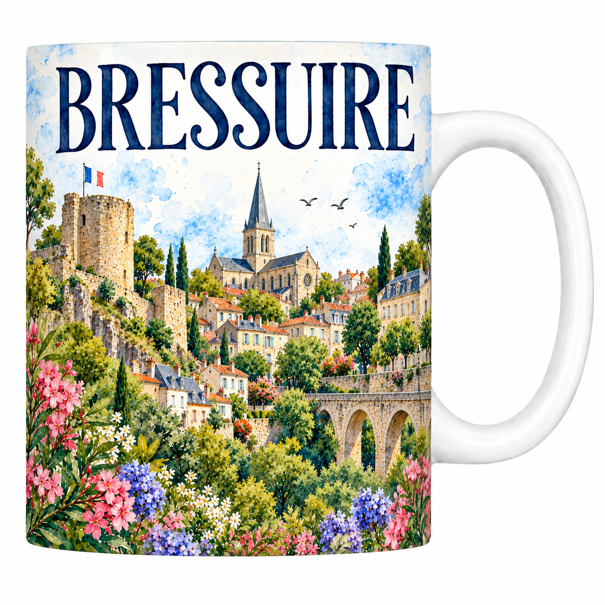 Mug en céramique blanche 330 ml illustré à l'aquarelle du château de Bressuire et de l'église Notre-Dame