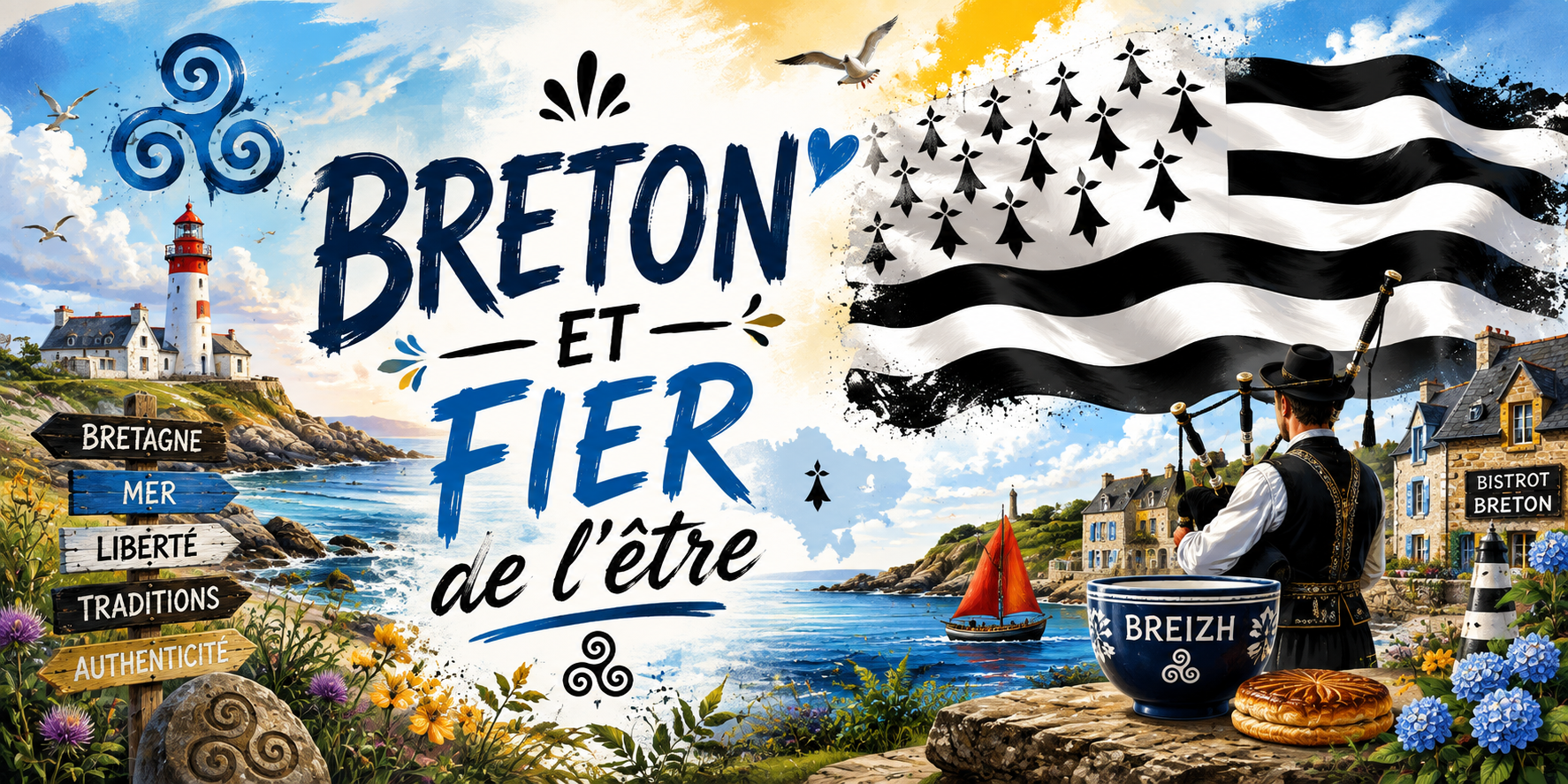Visuel Breton et fier de l'être : phare, Gwenn ha Du, sonneur de biniou, bol Breizh et kouign-amann