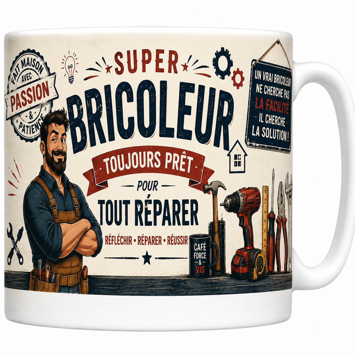 Mug céramique 330 ml « Super bricoleur, toujours prêt pour tout réparer » : bricoleur et outils