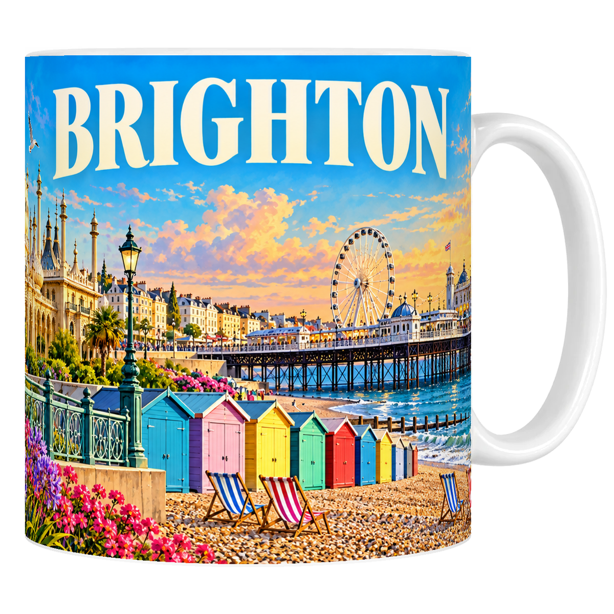 Mug en céramique blanc 330 ml, affiche Brighton : coupoles du Pavillon royal, jetée, grande roue et cabines de plage