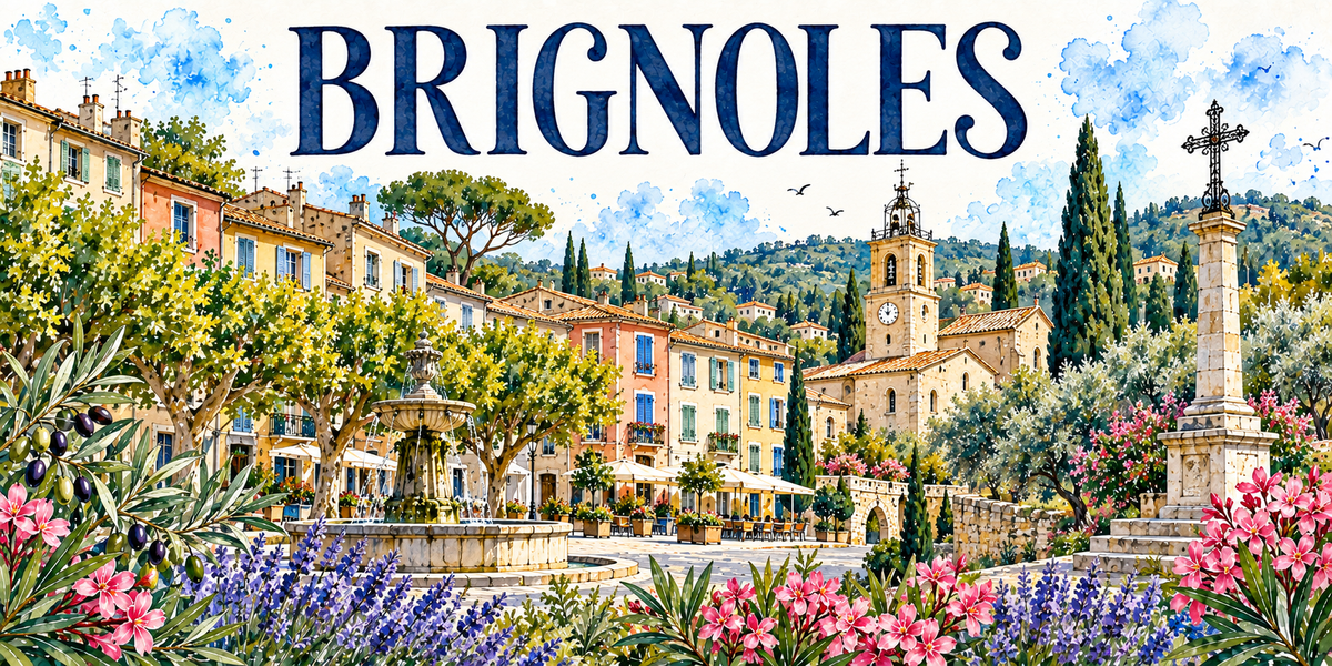 Aquarelle de Brignoles : olives noires, façades ocre, terrasses sous les platanes, clocher à campanile et cyprès