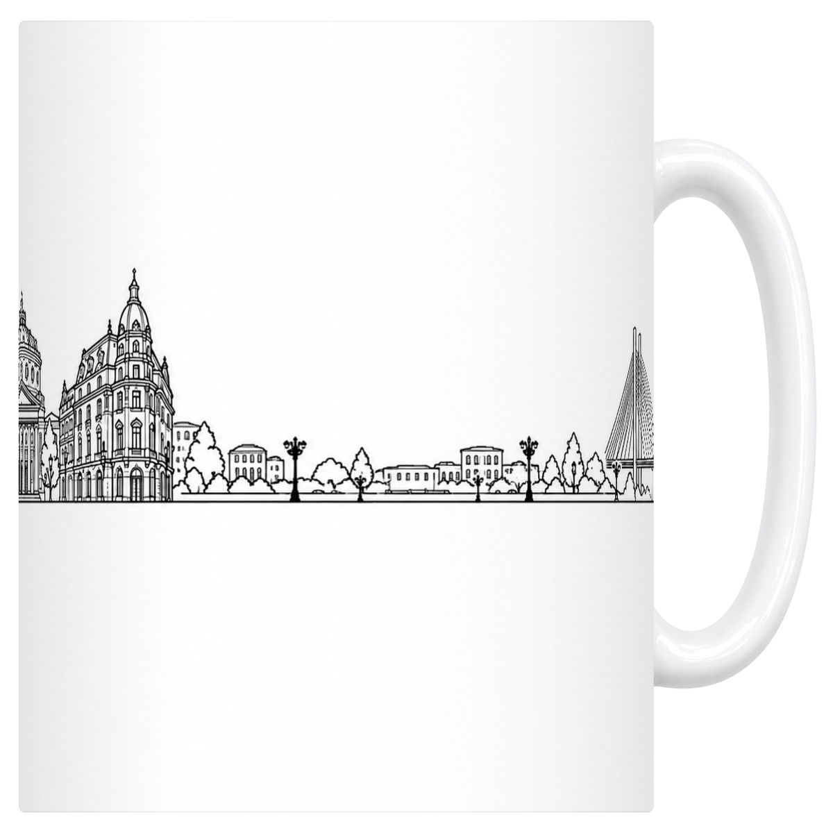 Mug blanc en céramique 330 ml illustré du skyline de Bucarest au trait noir : l'arc de triomphe, l'Athénée roumain et sa rotonde à coupole, l'immeuble d'angle à dôme et le pont à haubans