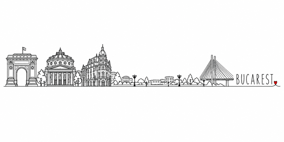 Skyline de Bucarest dessiné au trait noir continu, de gauche à droite : l'arc de triomphe et son drapeau, les arbres, l'Athénée roumain et sa rotonde à coupole posée sur une colonnade, l'immeuble d'angle à dôme et tourelles, les maisons basses, les lampadaires et les bancs de l'avenue, le pont à haubans — avec le nom BUCAREST en capitales espacées et un petit cœur rouge