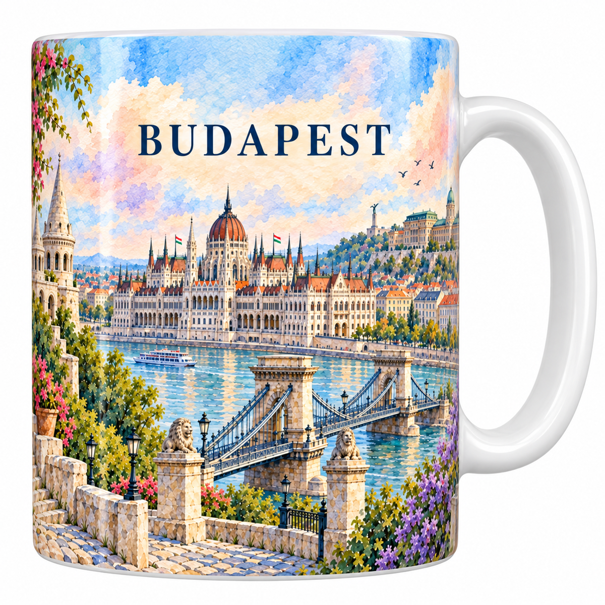 Mug blanc Budapest aquarelle : les tourelles du bastion, le Danube, le pont des Chaînes et le Parlement.