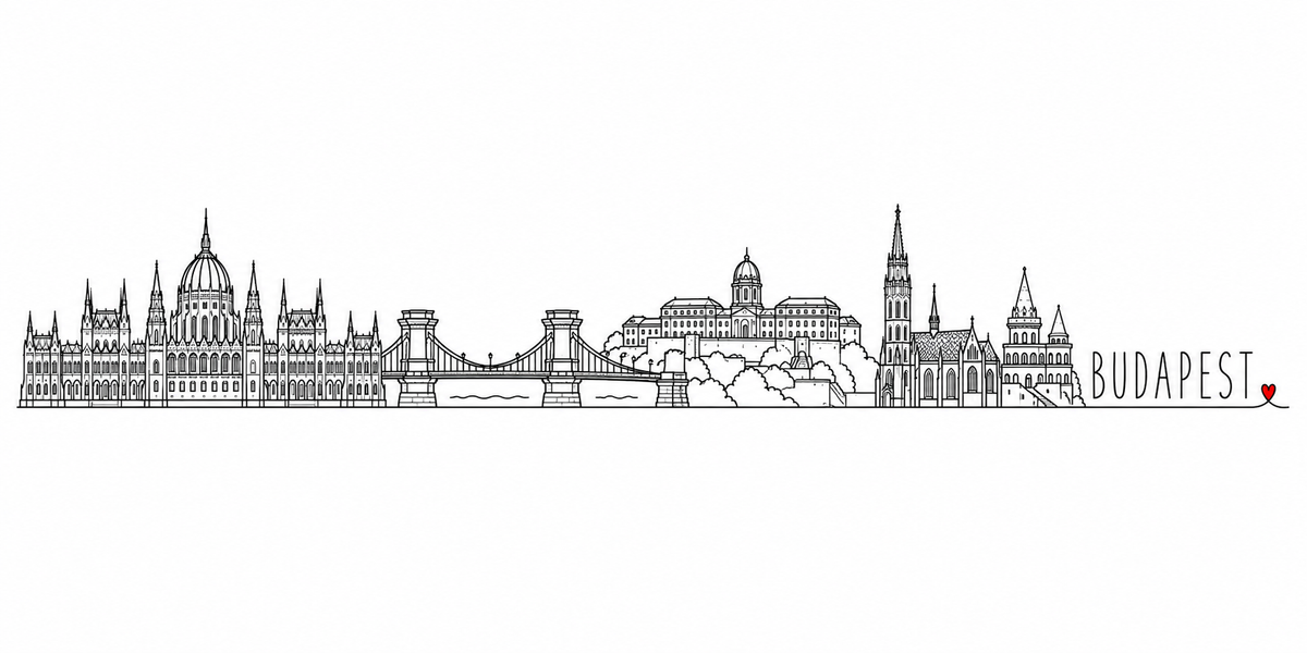 Skyline de Budapest dessiné au trait noir continu, de gauche à droite : Parlement néogothique et sa coupole, pont des Chaînes et ses arcs de triomphe, château de Buda sur sa colline, église Matthias et sa flèche ajourée, tourelles coniques du bastion des Pêcheurs — avec le nom BUDAPEST en capitales espacées et un petit cœur rouge
