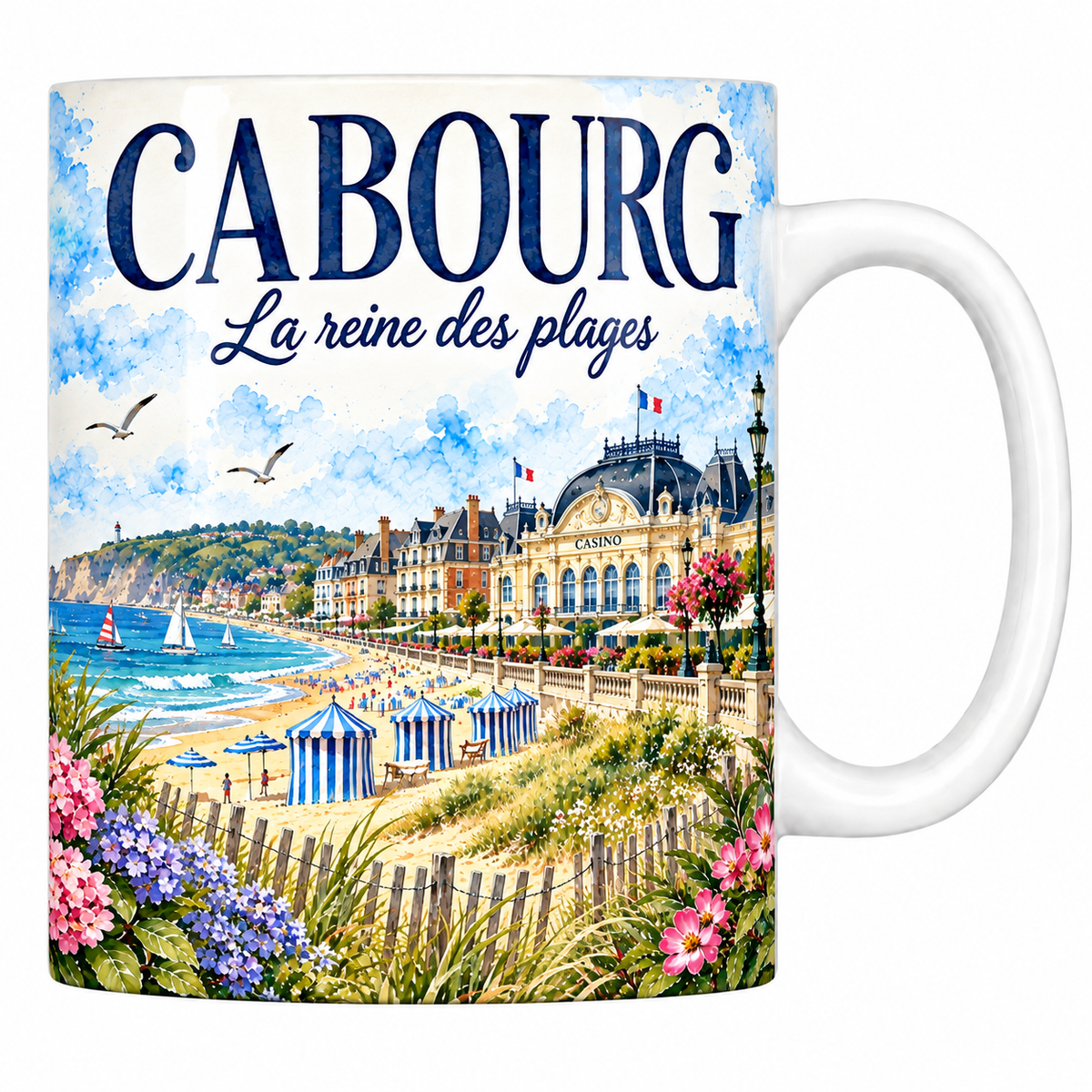 Mug blanc en céramique 330 ml illustré Cabourg à l'aquarelle : plage, cabines rayées bleu et blanc et Grand Hôtel