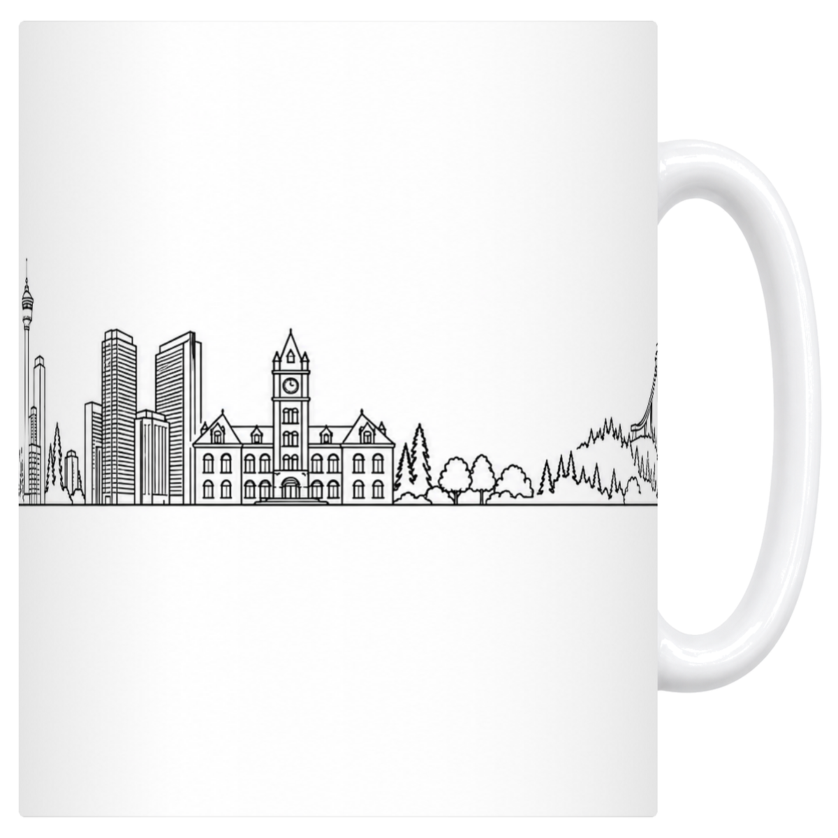 Mug blanc en céramique 330 ml illustré du skyline de Calgary au trait noir : la tour de Calgary et sa soucoupe, les gratte-ciel du centre, l'hôtel de ville à tour d'horloge et le tremplin sur sa colline