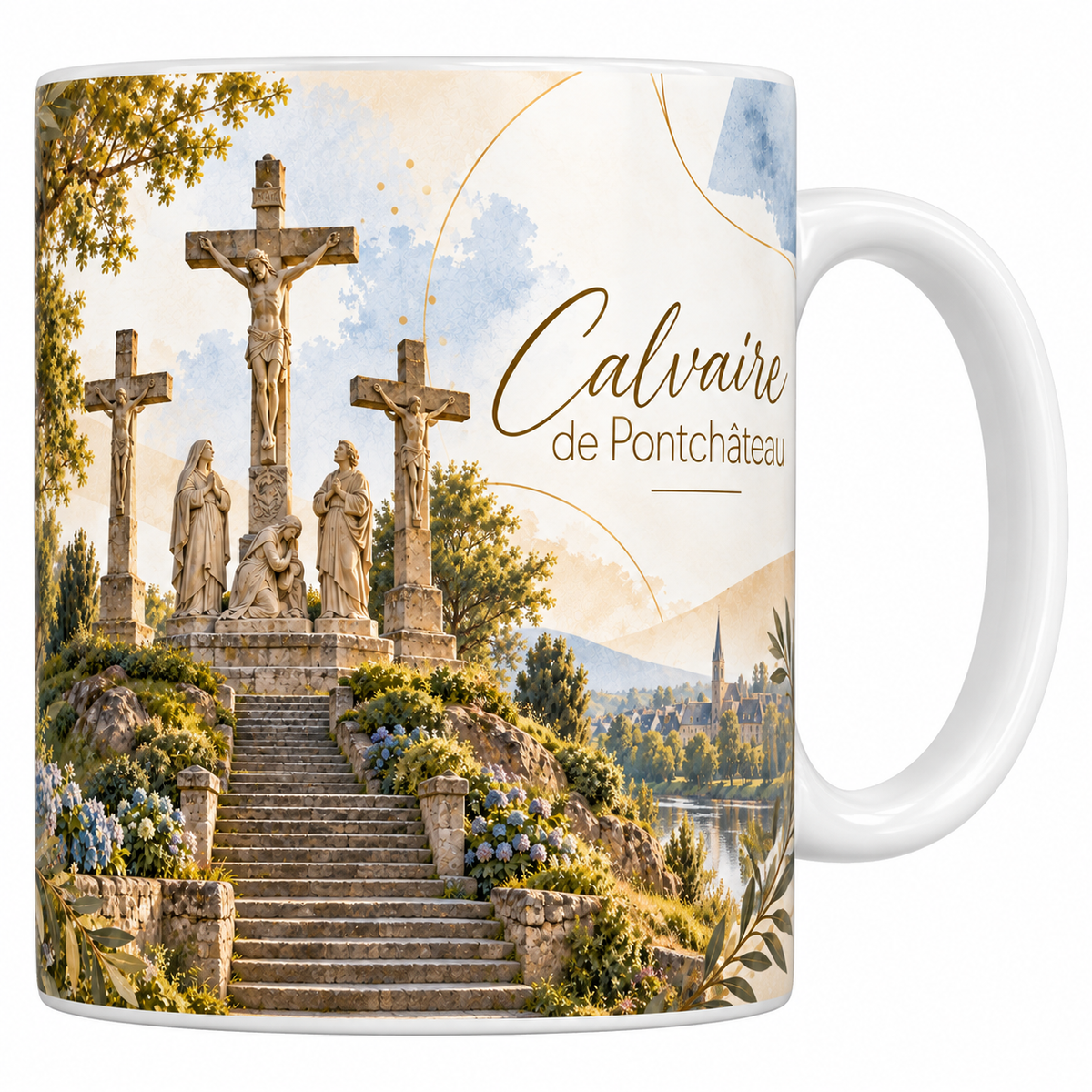 Mug céramique blanche 330 ml illustré du calvaire de Pontchâteau à l'aquarelle, ses trois croix de pierre sur la butte, le Christ entouré de statues, l'escalier bordé d'hortensias bleus, le clocher du village au loin, des feuillages et le titre Calvaire de Pontchâteau en lettres dorées