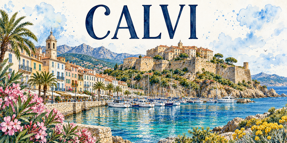 Calvi en aquarelle : citadelle génoise sur son promontoire, façades ocre, palmiers, voiliers et montagnes enneigées