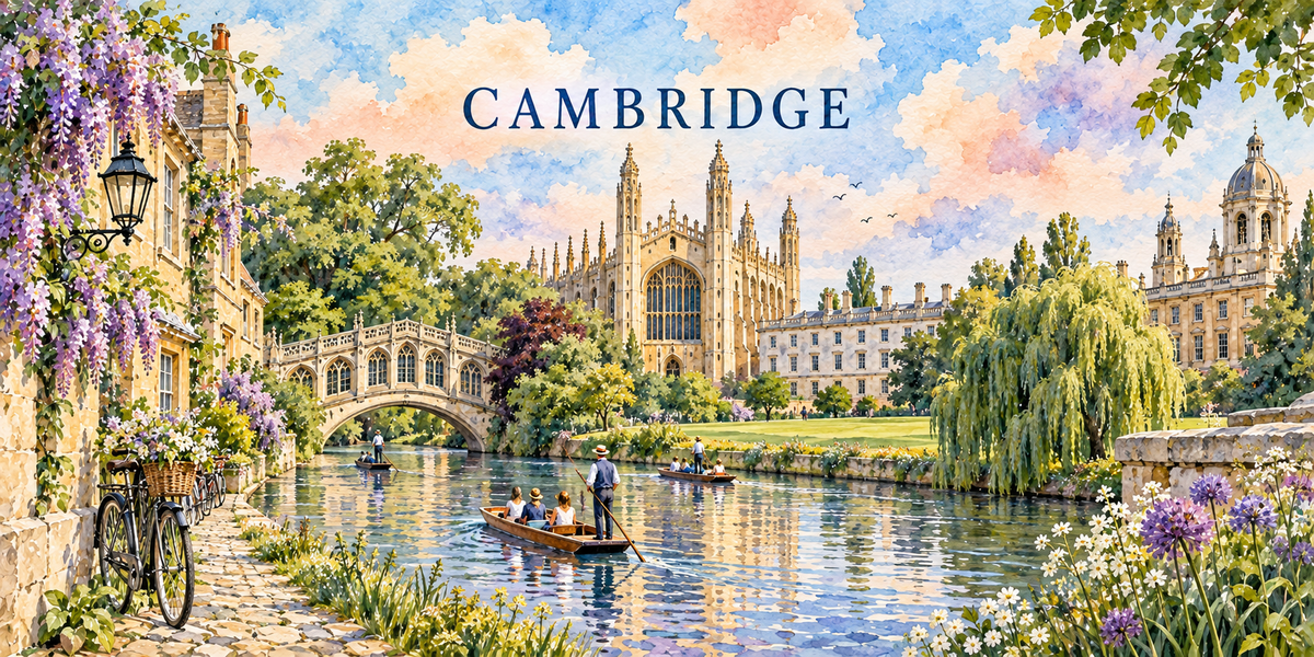 Aquarelle de Cambridge : chapelle de King's College, pont sur la Cam, punts et saules