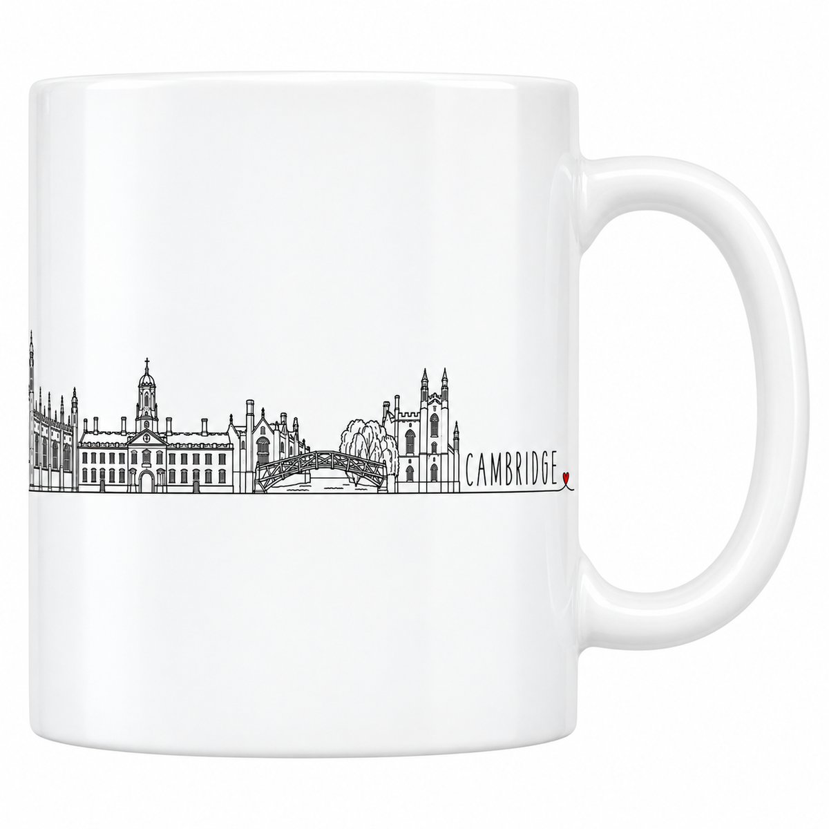 Mug blanc en céramique 330 ml illustré du skyline de Cambridge au trait noir : chapelle de King's College, façades gothiques, bâtiment à coupole et pont de bois sur la Cam