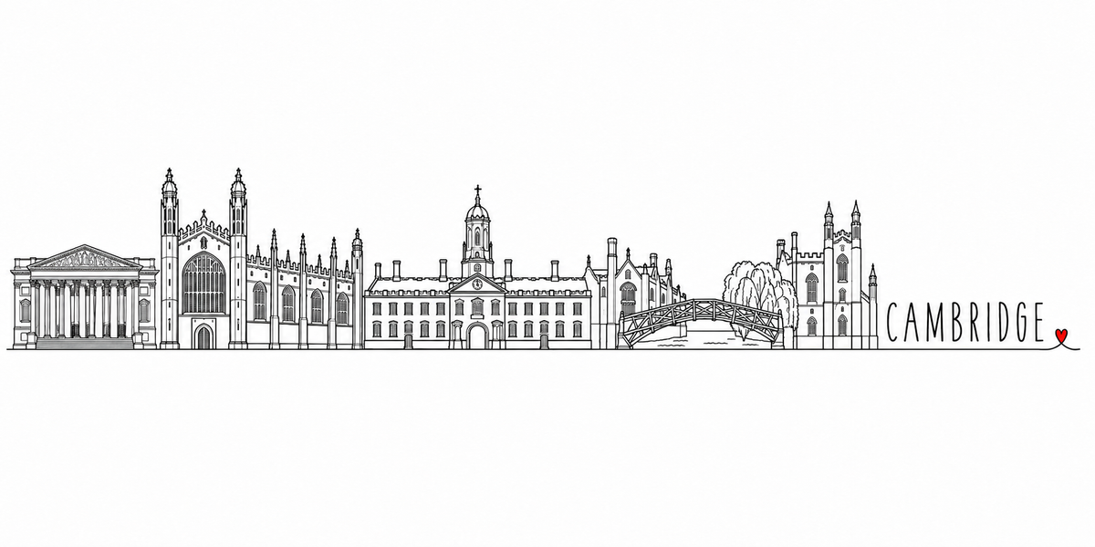 Skyline de Cambridge dessiné au trait noir continu, de gauche à droite : le portique à colonnes et fronton du musée, la chapelle de King's College et ses tourelles d'angle, la longue façade gothique du collège, le bâtiment classique à coupole et horloge, le pont de bois en dos d'âne jeté sur la Cam, un saule pleureur et la porte-tour gothique à tourelles — avec le nom CAMBRIDGE en capitales espacées et un petit cœur rouge