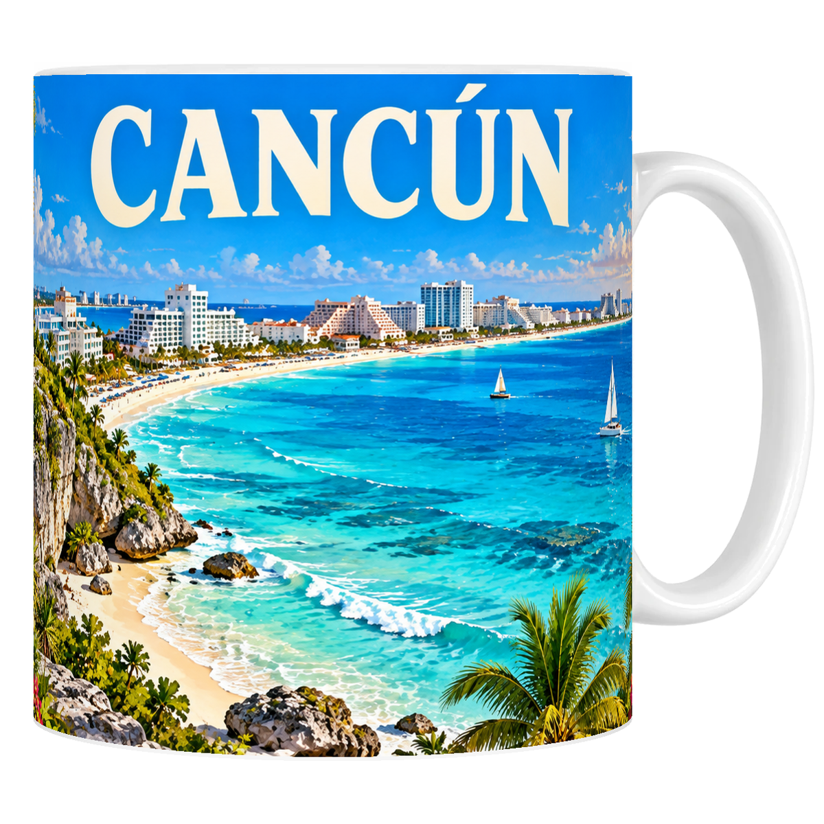 Mug en céramique blanc 330 ml, affiche Cancún : temple maya sur la falaise, plage turquoise et palmiers
