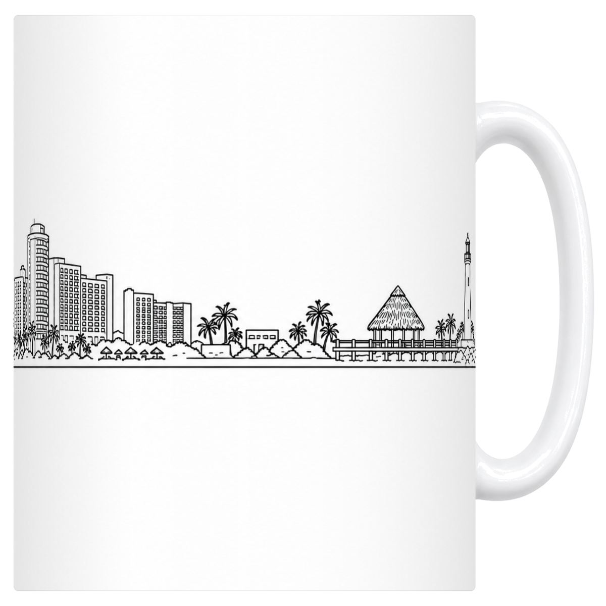 Mug blanc en céramique 330 ml illustré du skyline de Cancún au trait noir : la pyramide maya, les tours d'hôtels, la palapa au toit de palmes et le phare