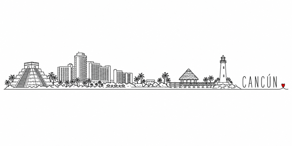 Skyline de Cancún dessiné au trait noir continu, de gauche à droite : une pyramide maya à degrés et son grand escalier, les palmiers, les tours d'hôtels de la Zona Hotelera, les parasols de la plage, une palapa au toit de palmes sur son ponton de bois et le phare cylindrique à galerie — avec le nom CANCÚN en capitales espacées et un petit cœur rouge