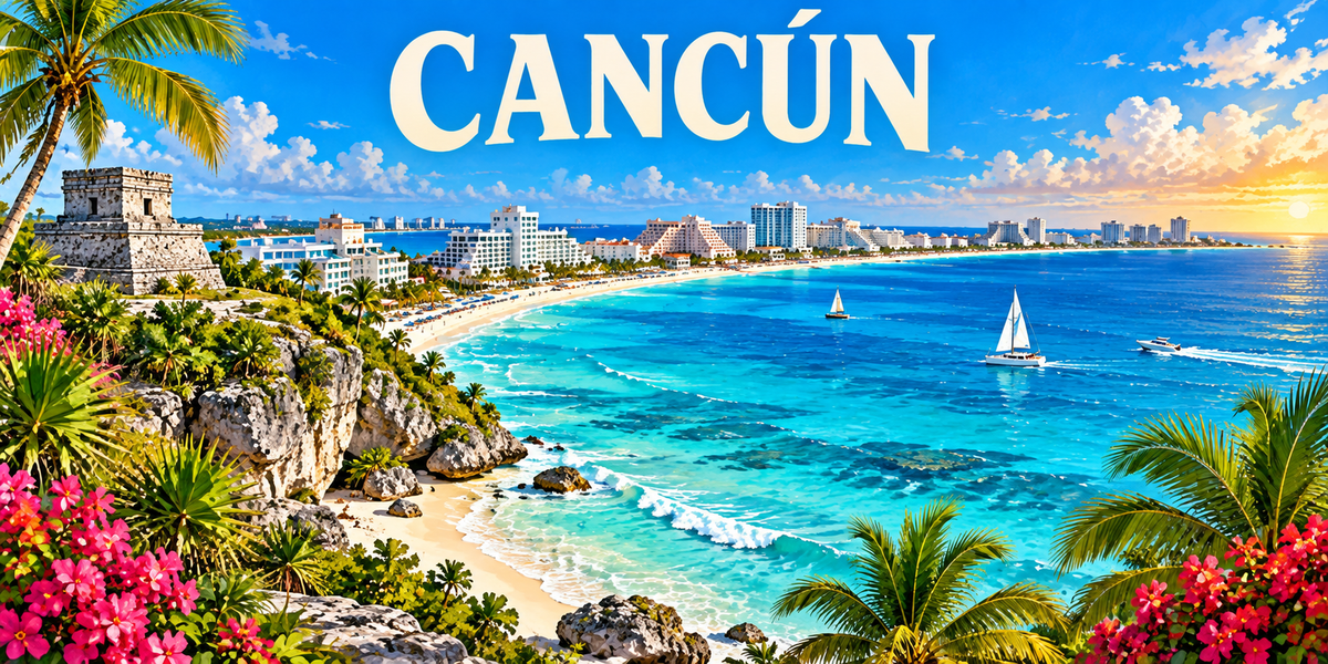 Illustration affiche vintage Cancún : ruines mayas d'El Rey sur la falaise, plage turquoise, palmiers, voiliers et Zona Hotelera