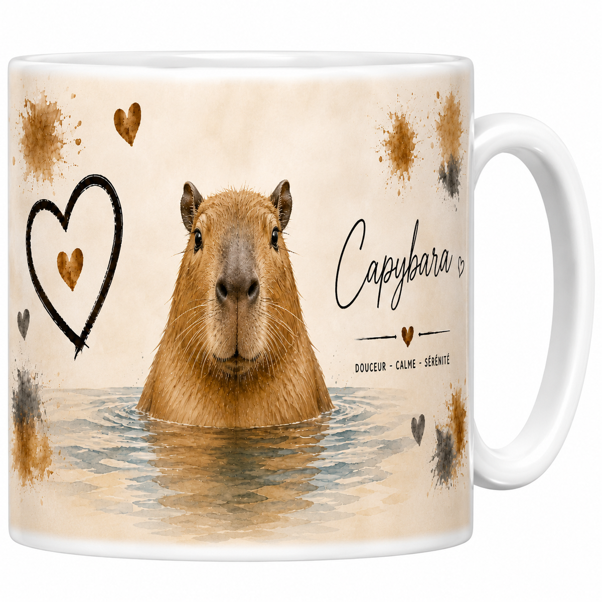 Mug céramique blanc Capybara « Douceur, calme, sérénité » : capybara dans l'eau en sépia, grand cœur