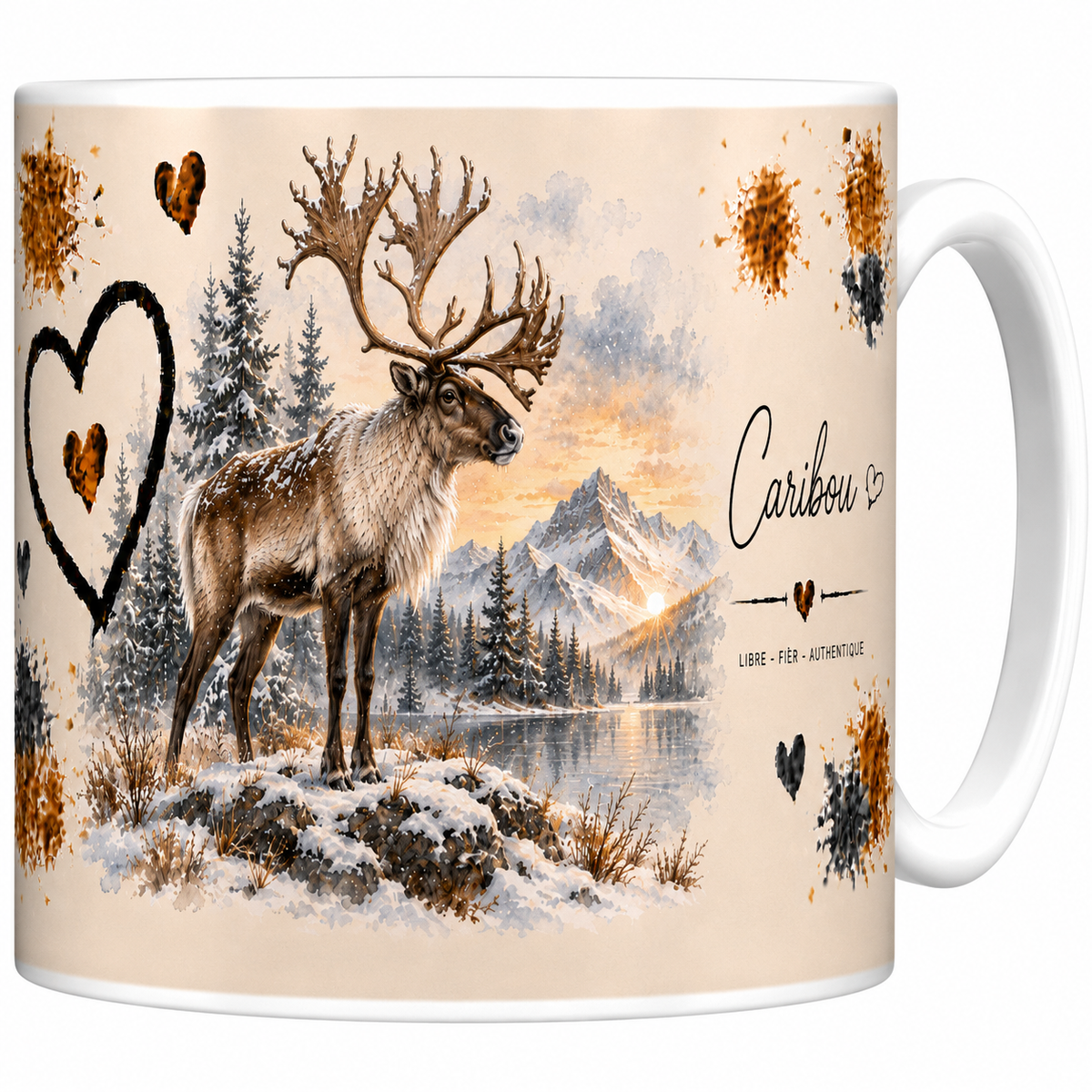 Mug céramique blanc Caribou « Libre, fier, authentique » : caribou au lac boréal enneigé, grand cœur
