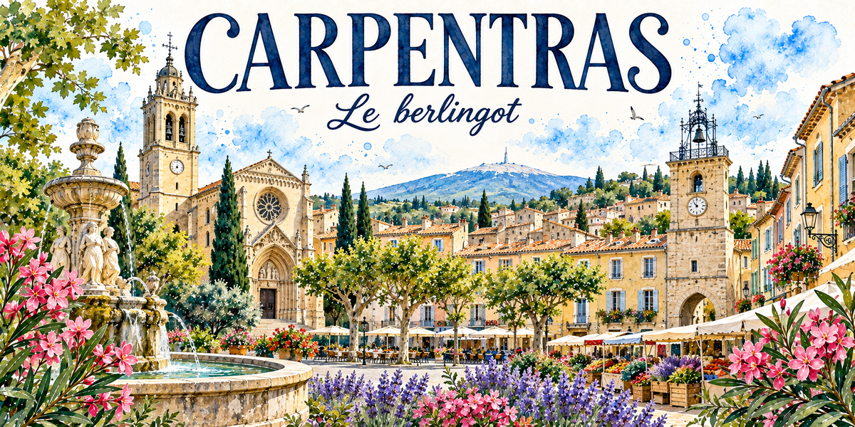 Illustration aquarelle de Carpentras : fontaine monumentale et son bassin, clocher à campanile de fer forgé, cathédrale gothique Saint-Siffrein et sa rosace, place plantée de platanes et ses étals, tour de l'horloge, arcades, Mont Ventoux à l'horizon, lavande et olivier