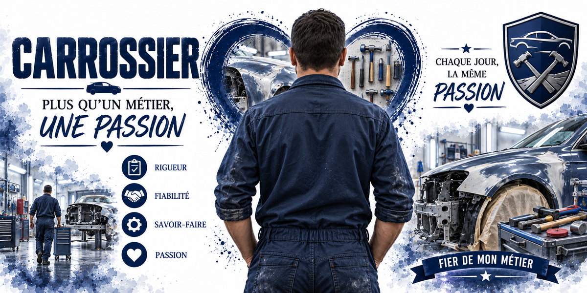 Affiche carrossier : le mot CARROSSIER en capitales bleu marine, un carrossier en combinaison bleue tachée vu de dos, cœur photo sur une caisse en cours de préparation et un mur d'outils, berline grise accidentée aile démontée dans l'atelier, second carrossier au fond, blason bleu à la voiture, quatre pastilles — rigueur, fiabilité, savoir-faire, passion — et le bandeau FIER DE MON MÉTIER