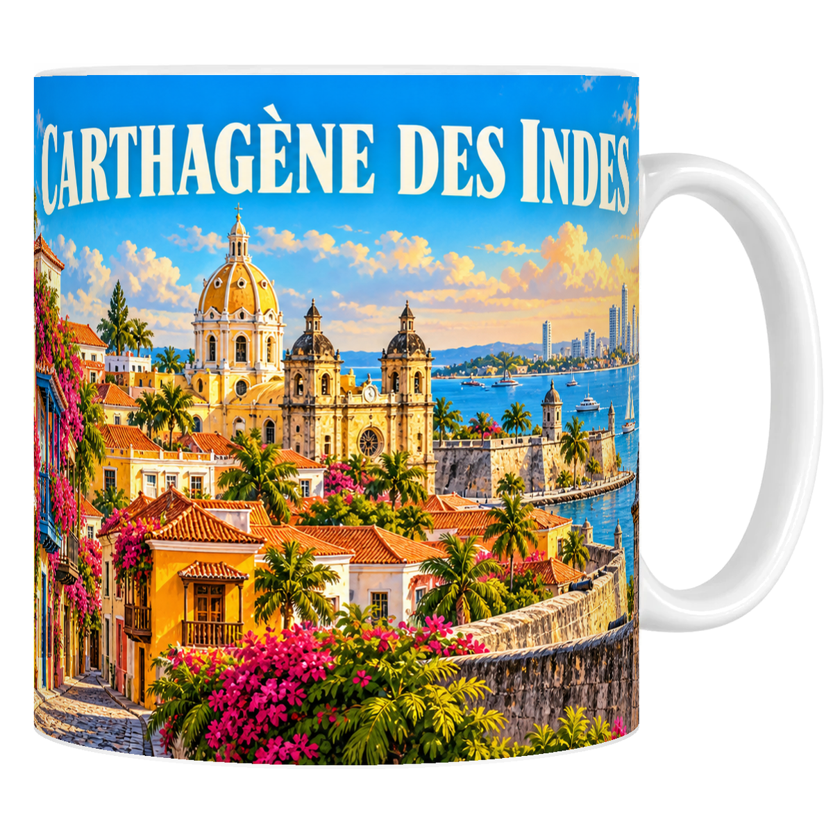 Mug en céramique blanc 330 ml, affiche Carthagène des Indes : coupoles, murailles et baie de Bocagrande