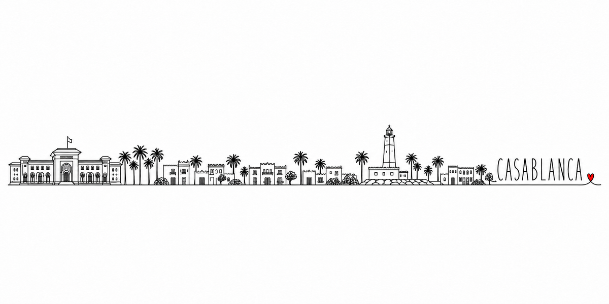 Skyline de Casablanca dessiné au trait noir continu, de gauche à droite : l'édifice officiel à porte monumentale et son drapeau, les palmiers, les maisons blanches crénelées de la médina et leurs terrasses, le phare d'El Hank sur son rocher, les palmiers et les dernières maisons basses — avec le nom CASABLANCA en capitales espacées et un petit cœur rouge