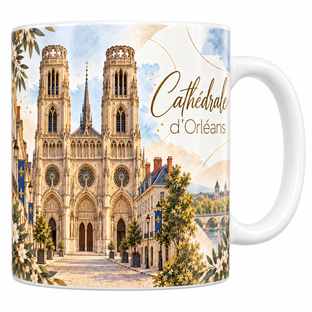 Mug céramique blanche 330 ml illustré de la cathédrale Sainte-Croix d'Orléans à l'aquarelle, sa façade aux deux tours ajourées et la flèche entre elles, ses deux rosaces et ses trois porches, les drapeaux à fleur de lys de la rue et le titre Cathédrale d'Orléans en lettres dorées