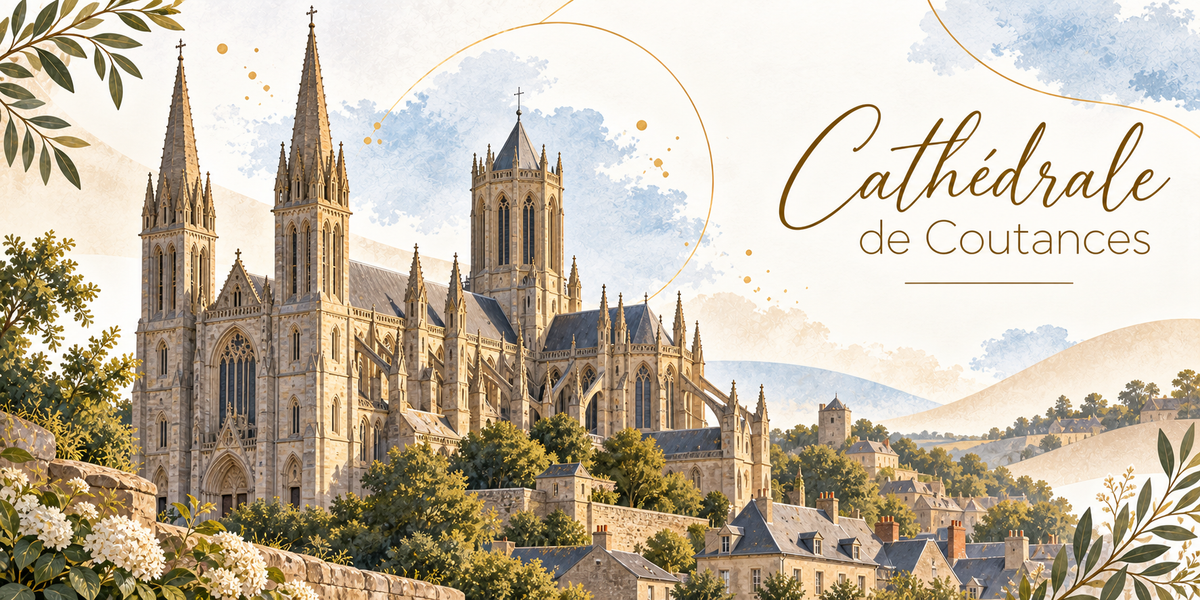 Visuel aquarellé de la cathédrale Notre-Dame de Coutances vue de trois quarts depuis un mur de pierre, ses deux flèches occidentales élancées et sa tour-lanterne carrée au centre, ses arcs-boutants et ses pinacles, les toits d'ardoise du bourg étagés en contrebas, le bocage et les collines vertes du Cotentin à l'horizon, des hortensias blancs et des feuillages au premier plan et le titre Cathédrale de Coutances en lettres dorées