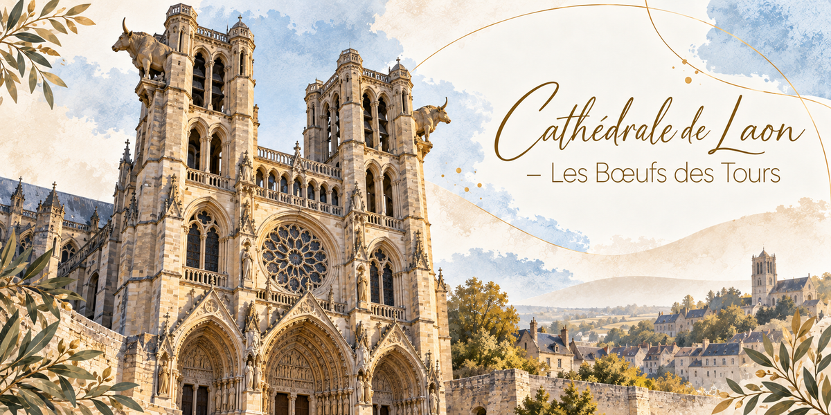 Visuel aquarellé de la cathédrale Notre-Dame de Laon vue en légère contre-plongée, sa façade occidentale aux deux tours ajourées de hautes baies, ses trois porches profonds et sa grande rose, les silhouettes de bœufs de pierre aux angles des tours, les toits du village et les collines vertes de l'Aisne en contrebas, des feuillages d'olivier et de chêne en bordure, un filet doré et le titre Cathédrale de Laon - Les Bœufs des Tours