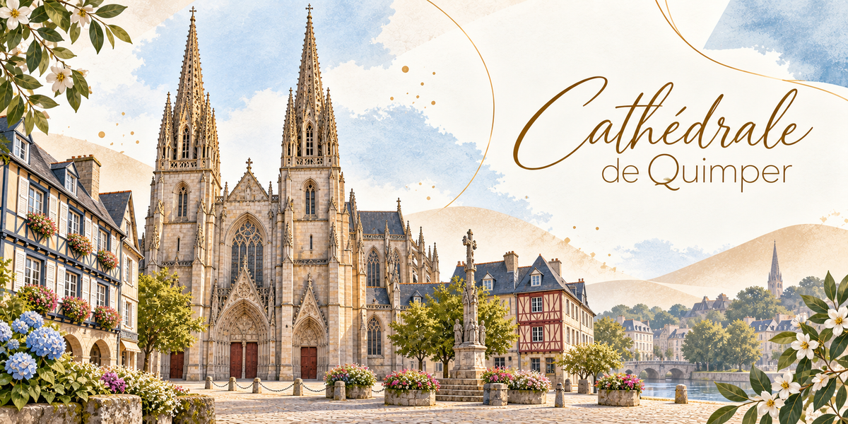 Visuel aquarellé de la cathédrale Saint-Corentin de Quimper vue de face, ses deux hautes flèches ajourées et la galerie qui les relie, son grand porche et sa baie gothique, les maisons à pans de bois de part et d'autre de la place pavée, un monument de pierre au centre, des hortensias bleus et roses au premier plan, l'Odet et un clocher au loin, des feuillages en bordure et le titre Cathédrale de Quimper en lettres dorées
