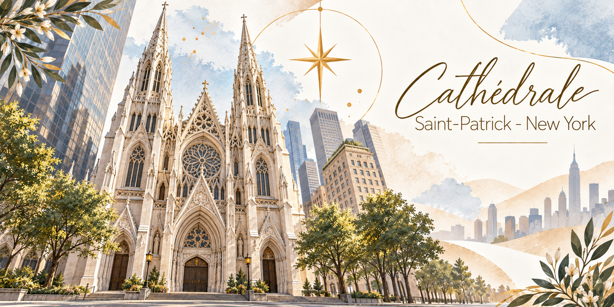 Visuel aquarellé de la cathédrale Saint-Patrick à New York, sa façade néogothique de pierre claire aux deux hautes flèches ajourées, sa grande rosace et ses portails, les gratte-ciel de verre de Manhattan dressés de part et d'autre et la silhouette de la ville au fond, les arbres de la Cinquième Avenue, une étoile dorée tracée dans le ciel et des feuillages en bordure, avec le titre Cathédrale Saint-Patrick - New York en lettres dorées
