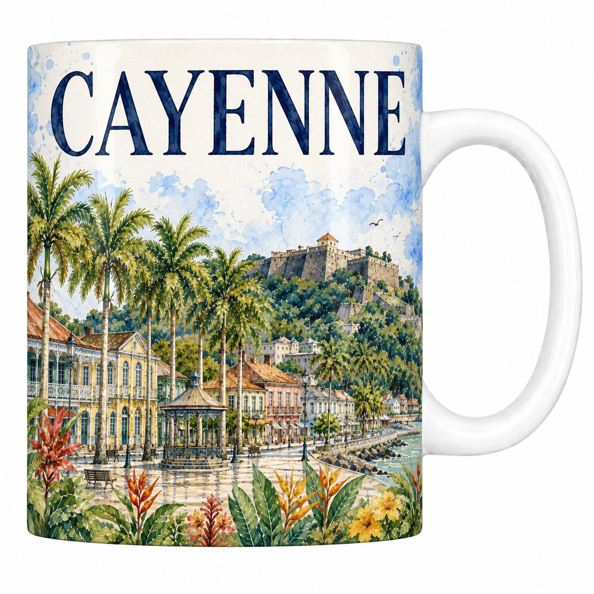 Mug céramique 330 ml « CAYENNE » : cases créoles, palmiers et fort Cépérou à l'aquarelle