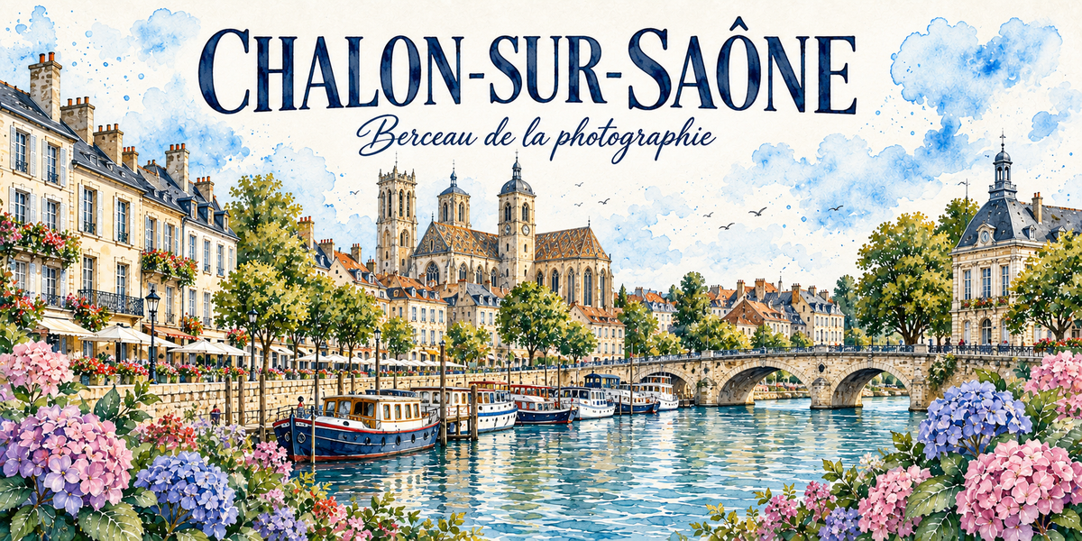 Chalon-sur-Saône en aquarelle : quais, péniches, pont Saint-Laurent et clochers de la cathédrale Saint-Vincent