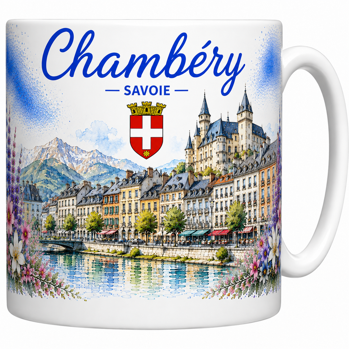 Mug céramique blanc Chambéry Savoie : château des Ducs, croix de Savoie et montagnes en aquarelle