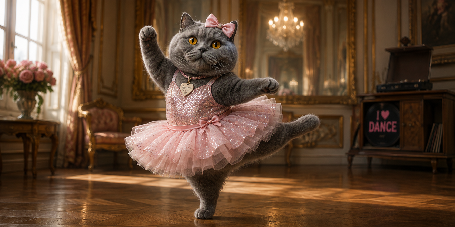 Visuel chat ballerine : arabesque en tutu rose, nœud sur l'oreille, vinyle I Love Dance et parquet doré