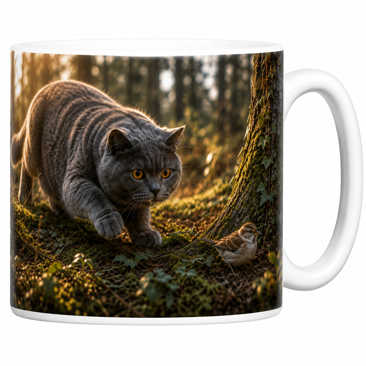 Mug chat chasseur en céramique blanche, chartreux à l'affût dans le sous-bois, oiseau perché