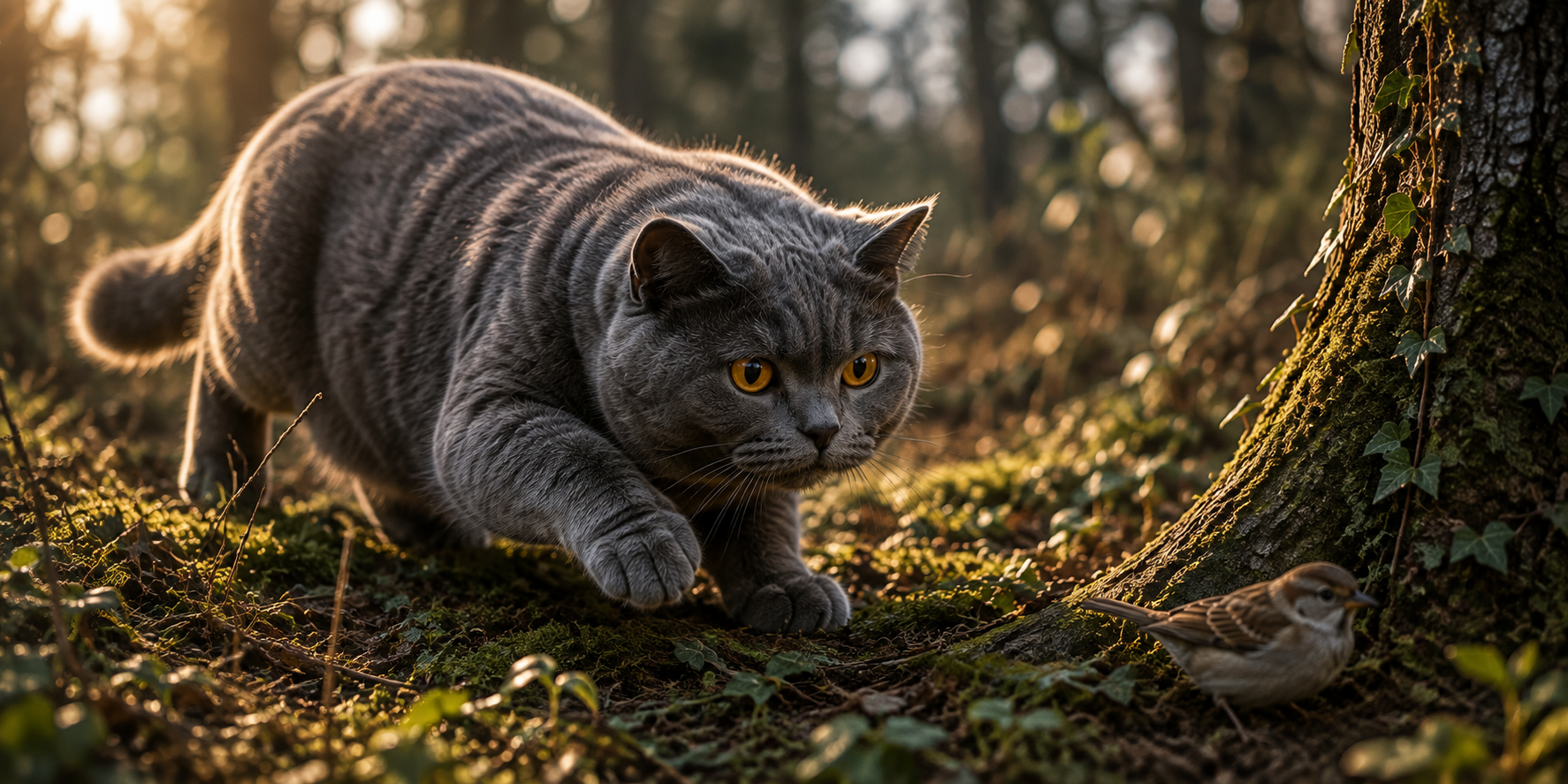 Visuel chat chasseur à l'affût : chartreux tapi dans les fourrés, regard fixe et oiseau posé sur la branche
