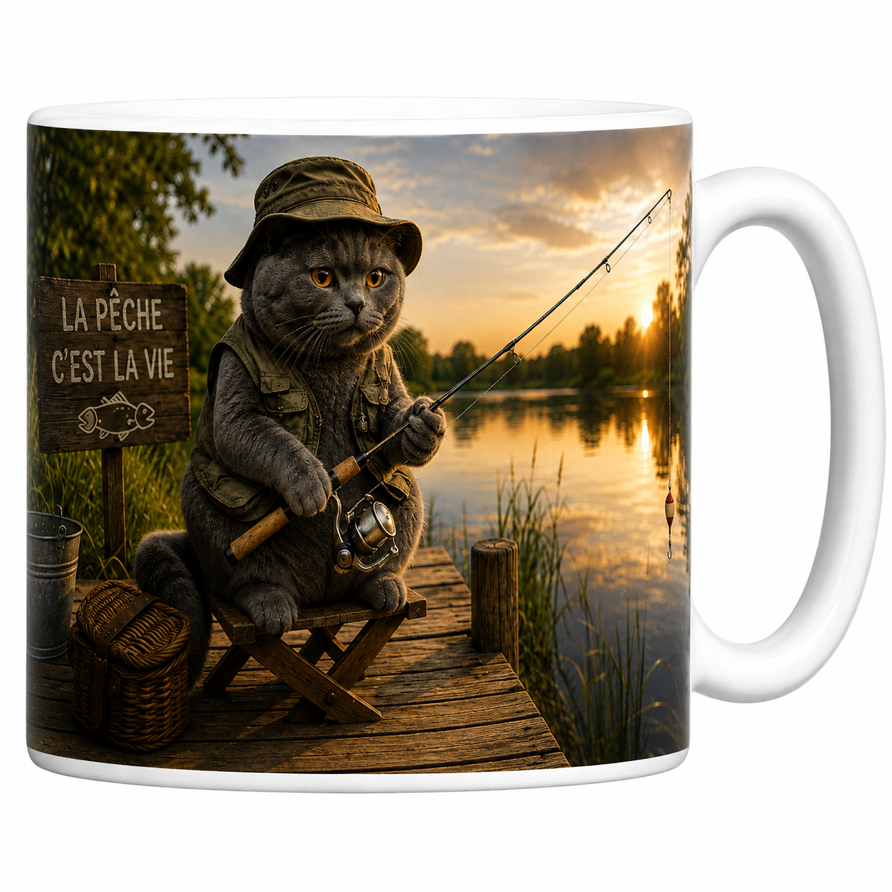 Mug chat pêcheur en céramique blanche, chartreux à la canne au bord de l'eau, La pêche c'est la vie