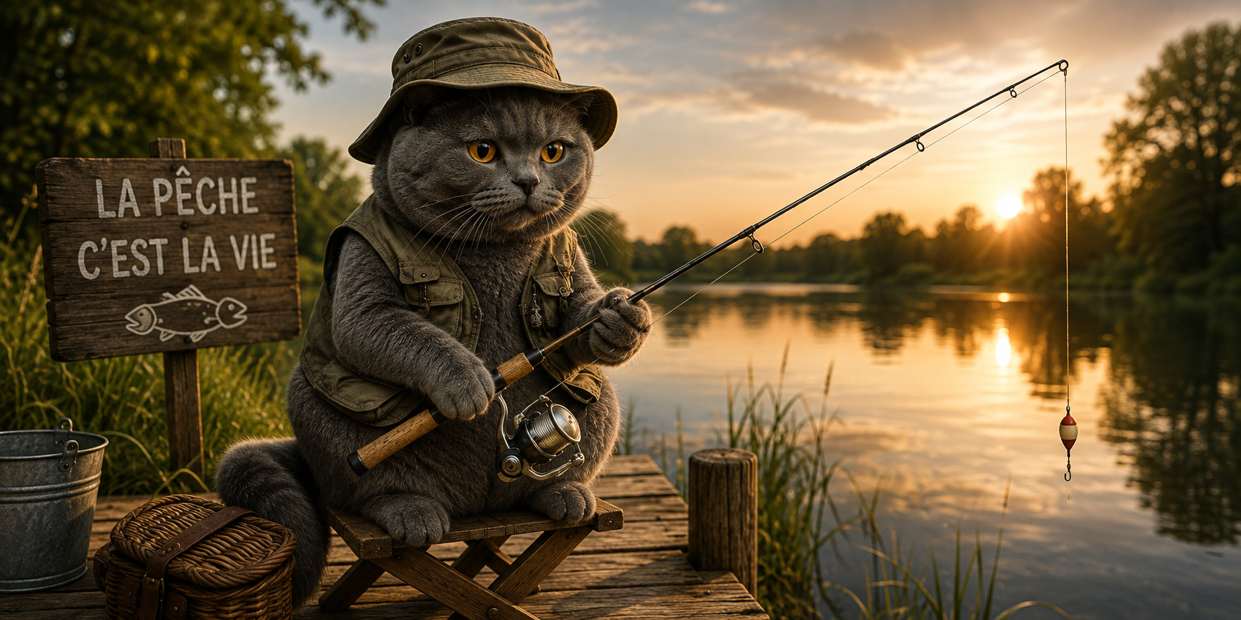 Visuel chat pêcheur : chartreux canne à pêche tendue au bord de l'étang, panneau La pêche c'est la vie