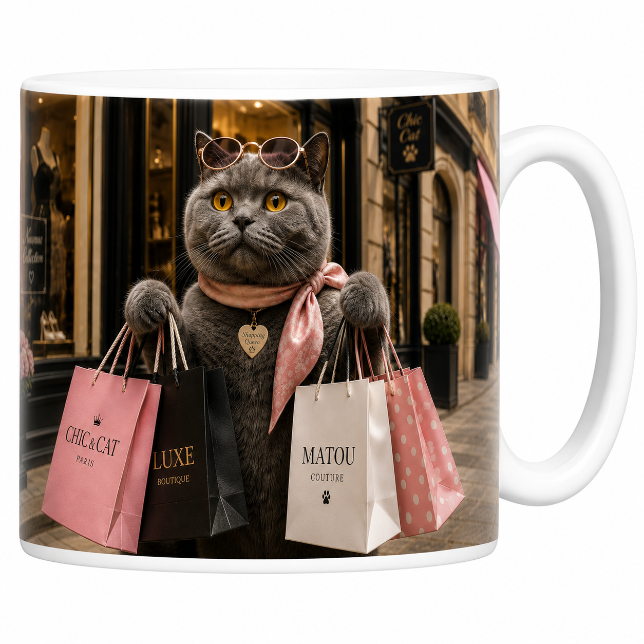 Mug chat Shopping Queen en céramique blanche, chartreux chargé de sacs devant la boutique Chic & Cat