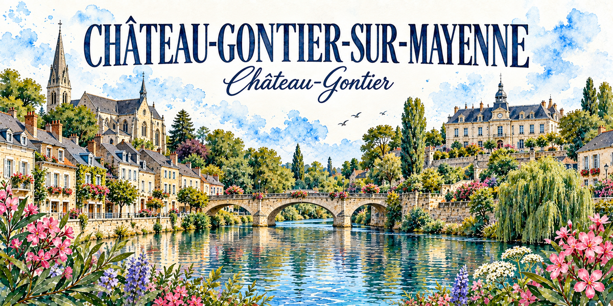 Aquarelle de Château-Gontier-sur-Mayenne : maisons à toits d'ardoise, flèche de l'église, pont de pierre et saules