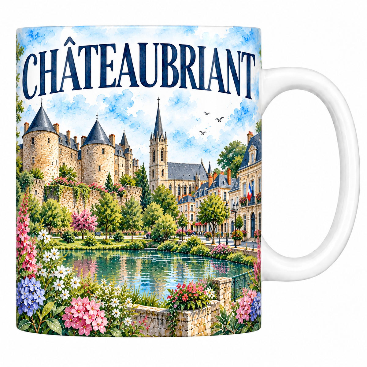 Mug blanc en céramique 330 ml illustré Châteaubriant à l'aquarelle : château à tours rondes, clocher et plan d'eau
