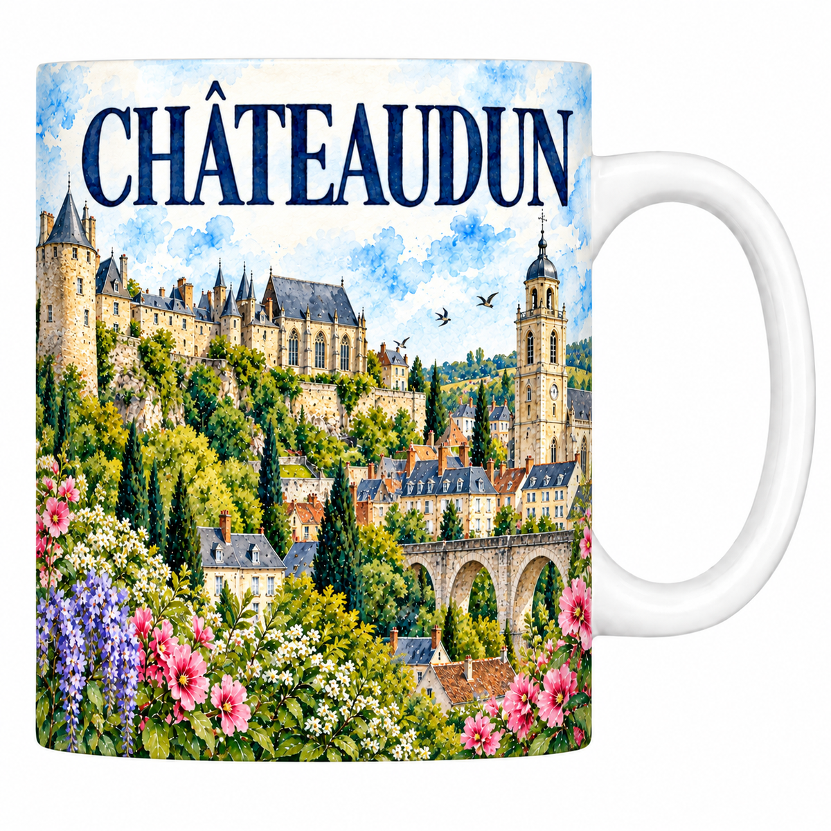 Mug blanc en céramique 330 ml illustré Châteaudun à l'aquarelle : donjon rond, château sur son éperon et pont sur le Loir