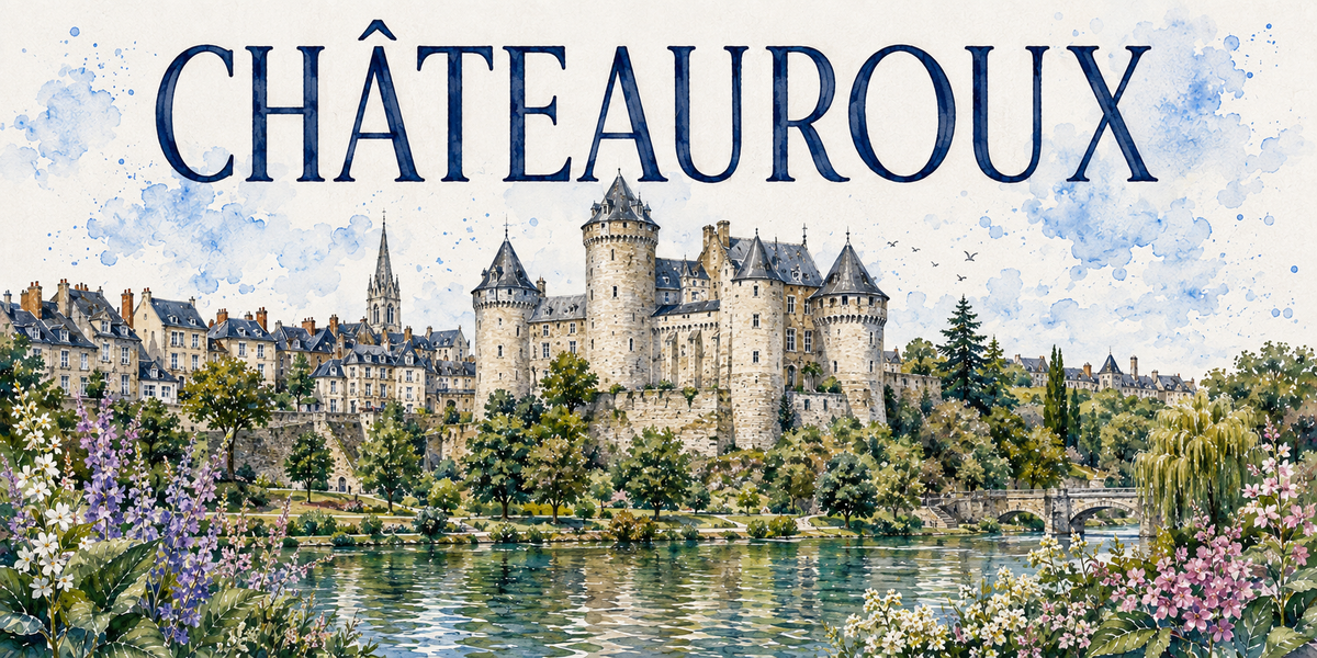 Visuel aquarelle « CHÂTEAUROUX » : château et ses tours, rives de l'Indre, arbres et glycines
